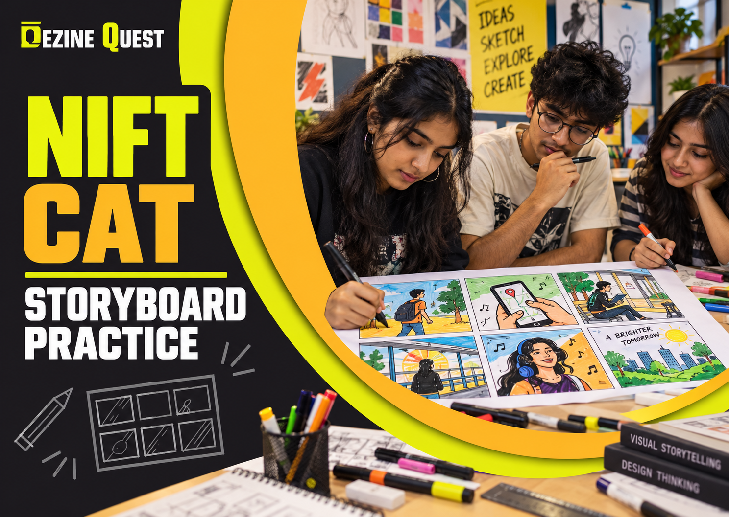Six-frame storyboard sketch exercise for NIFT CAT entrance preparation