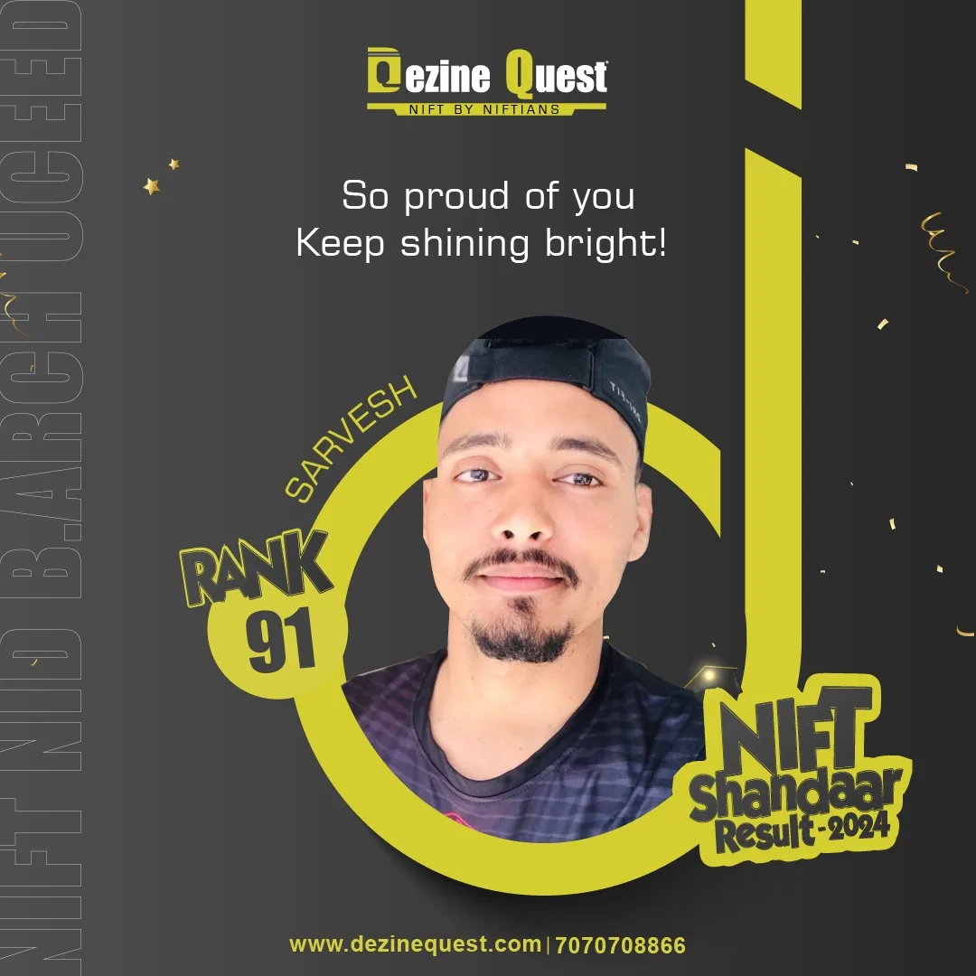 Dezine Quest 2024 student achiever poster for NIFT, NID, B.Arch and UCEED results