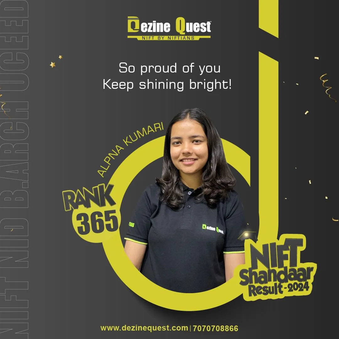 Dezine Quest 2024 student achiever poster for NIFT, NID, B.Arch and UCEED results