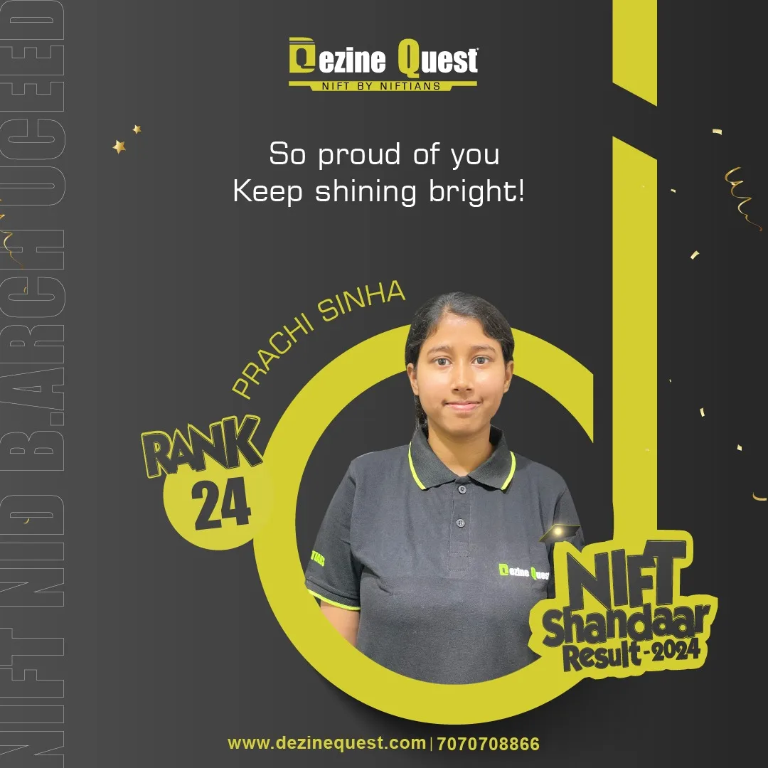 Dezine Quest 2024 student achiever poster for NIFT, NID, B.Arch and UCEED results